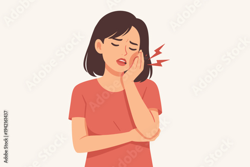 Vector illustration of a young woman suffering from a severe toothache, holding her swollen cheek in pain with red lightning bolt symbols indicating dental distress, isolated on a light background.