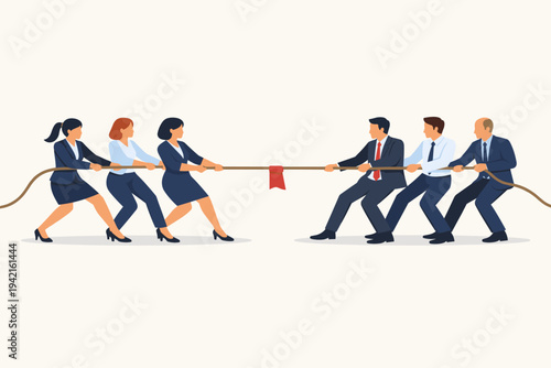 Businesswomen and Businessmen Competing in a Tug of War Vector Illustration Representing Gender Equality, Corporate Rivalry, Teamwork, Conflict, and Professional Struggle in the Modern Workplace