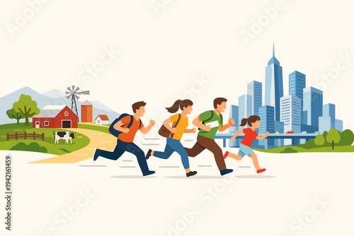 Flat vector illustration of people and a child running from a rural countryside farm with a red barn and cow towards a modern big city with skyscrapers, urban migration and lifestyle change.