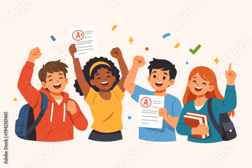 Group of happy diverse students celebrating academic success with high test grades. Teenagers holding A plus exam papers, wearing backpacks, and cheering in a flat vector illustration style.