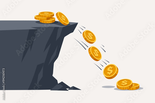 Gold Dollar Coins Falling Off a Steep Cliff Edge Vector Illustration Representing Financial Loss, Economic Crisis, Bankruptcy, Market Crash, and Losing Money in a Simple Flat Graphic Design Style