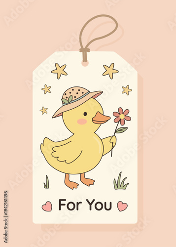 Cute yellow duckling wearing straw hat holding flower in pastel kawaii style gift tag, hand drawn cartoon with stars grass and hearts on soft pink background perfect for Easter kids greeting cards.