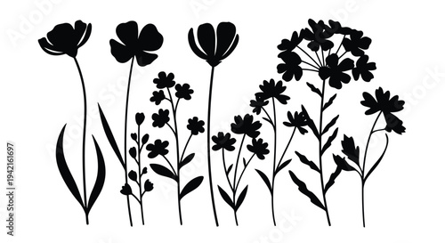 A beautiful illustration of various flowers with long stems and leaves