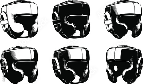 Vintage boxing headgear helmet set vector illustration, retro sports protective equipment icons collection, black and white boxing gear design isolated for fight, training, combat sports branding
