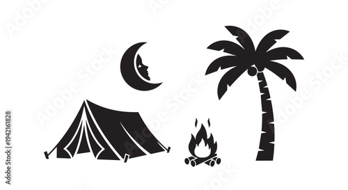 Camping scene with tent, campfire, palm tree and moonlight in simple black illustration style