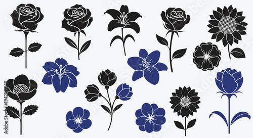 A collection of detailed blue flowers with intricate petals and leaves