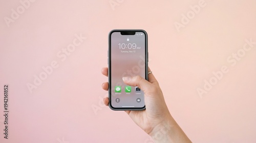 A hand holding an iPhone in front of a pastel pink background