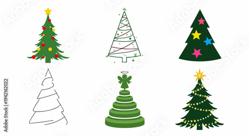 Coleção de árvores de Natal ilustradas em diversos estilos, com decorações festivas e design moderno para celebrações.