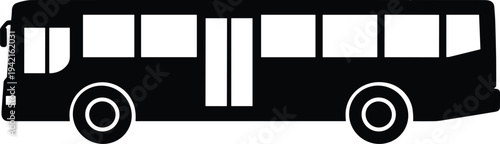 Minimal vector silhouette, city bus side view passenger transport vehicle, solid black, isolated on white background.