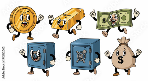 Personagens animados de dinheiro e riqueza, como moeda, barra de ouro, nota de dólar, cofres e saco, correndo juntos em estilo retrô.