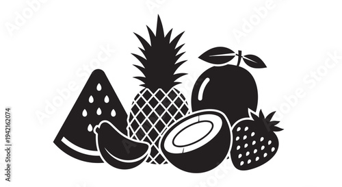 Assorted fresh summer fruits collection with watermelon pineapple and coconut illustration