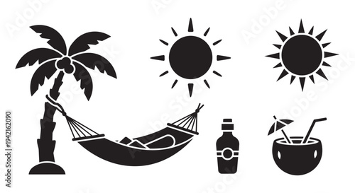 Summer tropical paradise icons featuring palm tree, hammock, sun, beverage, and cocktail