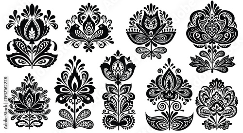 A collection of intricate and ornate floral designs featuring various patterns and motifs.