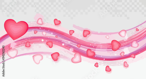 Fundo abstrato romântico com corações flutuantes e ondas suaves em tons de rosa e roxo, ideal para celebrações de amor e eventos especiais.