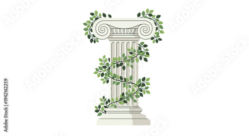 A pristine white classical Ionic column with distinctive scroll volutes is adorned with a vibrant green vine and numerous leaves.