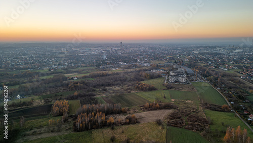06 November 2025 - Rzeszów, Subcarpathian, Poland: Panorama of Rzeszów suburbia from the south-east during sunset