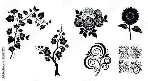 A collection of intricate black and white floral and abstract designs arranged in a circular pattern.