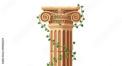 A beige classical Ionic column, featuring an ornate capital with scroll volutes and a carved flower, is encircled by a delicate green vine.