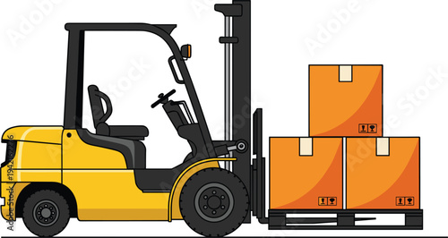 Yellow forklift truck lifting stacked cardboard boxes on pallet in warehouse logistics environment, industrial material handling equipment illustration for shipping, storage, delive