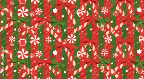 Padrão festivo de Natal em design plano com bengalas doces, laços, pirulitos, flocos de neve e estrelas, ideal para fundos e embrulhos.