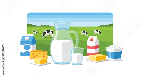 An assortment of dairy products including milk, cheese, butter, and yogurt is arranged in the foreground with cows grazing in a green field behind.