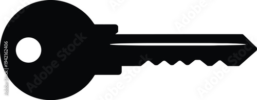 Minimal vector silhouette, classic house key with round head and teeth, solid black, isolated on white background.