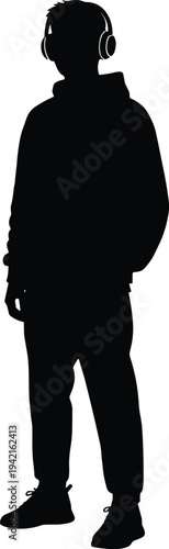 Young man with headphones silhouette isolated on white background casual standing pose music listener illustration for lifestyle and urban design