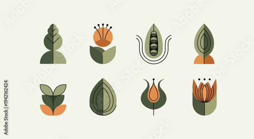 A collection of nine distinct leaf-shaped icons with various designs and colors