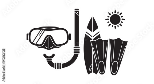 Snorkeling equipment illustration with flippers mask and sun symbol on white background for tropical vacation