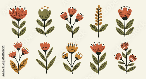 A collection of nine vibrant red flowers with green stems and leaves arranged in a grid.