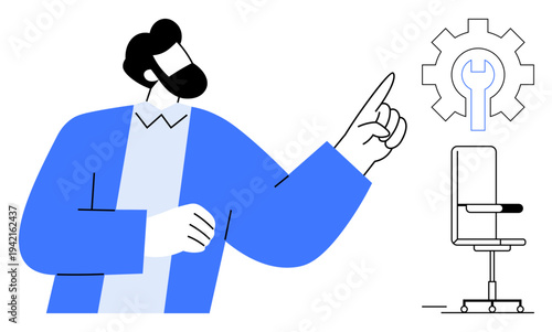 Workplace efficiency, productivity tools, technical support, business development, corporate training, teamwork. Person pointing to gear and wrench near an office chair. Workplace efficiency