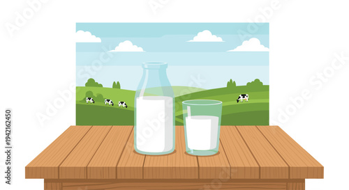 A clear glass milk bottle and a full glass of milk are placed on a wooden table, with cows grazing in a green, hilly landscape.