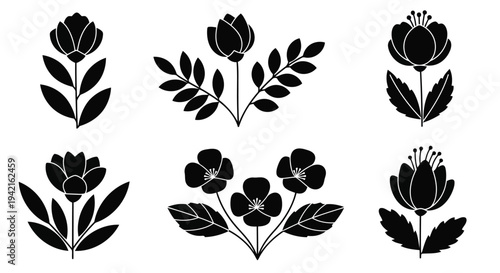 A collection of six different floral designs in a black and white color scheme