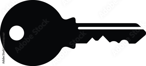Minimal vector silhouette, classic house key with round head and teeth, solid black, isolated on white background.