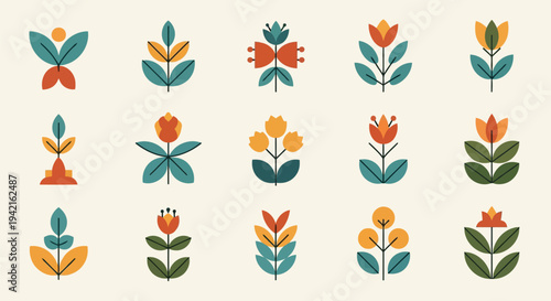 A collection of sixteen colorful and unique flower-themed badges and emblems