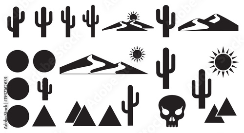 Desert themed graphic elements collection with cacti mountains sun and skull illustration designs