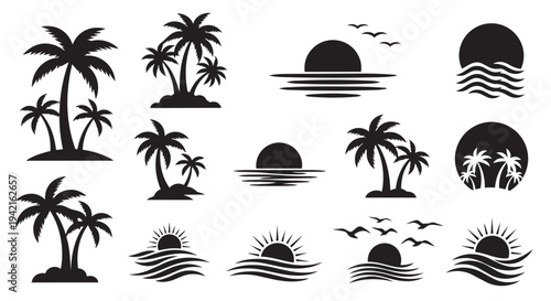 Tropical landscape icons set featuring palm trees, sunsets, and seagulls in minimalist designs for travel concepts