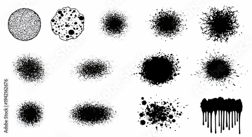 Coleção de respingos de tinta preta e manchas grunge, ideais para elementos de design abstratos e texturas artísticas.