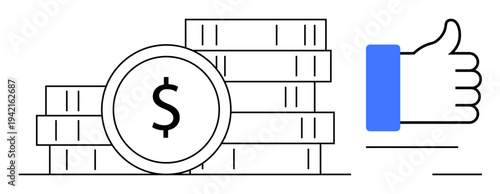 Financial concept. Financial success with dollar coin stacks and a thumbs-up symbol. Financial growth, approval, and secure profit investment strategies. For fintech, banking, marketing, management