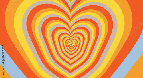 Corações concêntricos em tons quentes de laranja e amarelo criam um túnel psicodélico, evocando amor e nostalgia dos anos 70.