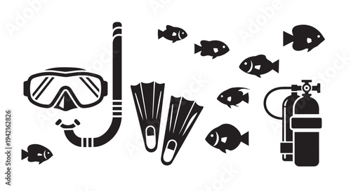 Scuba diving equipment illustration with mask, flippers, and tank surrounded by fish icons underwater