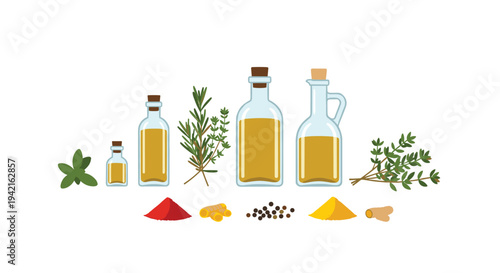 Four clear glass bottles with golden cooking oil, fresh herbs, and various spices are neatly arranged on a white background.