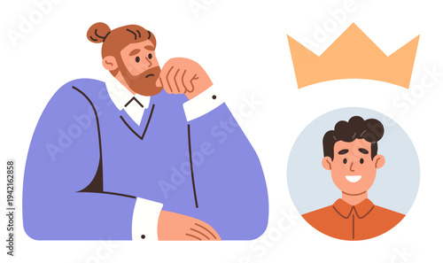 Self-reflection, achievement, competition, identity, goals, decision-making. Thoughtful man with hand on chin, crown above him smiling person in circle. Identity and achievement concept