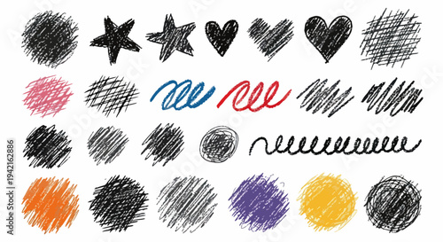 Coleção de formas e linhas rabiscadas à mão, incluindo círculos, estrelas e corações, em estilo doodle, perfeitas para design gráfico e elementos artísticos.