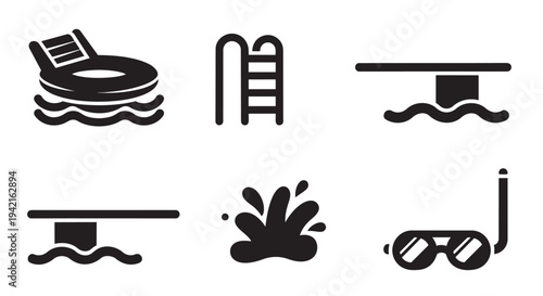 Swimming pool icons set with various elements and water features illustration