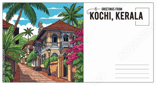 Cartão postal ilustrado de Kochi, Kerala, Índia, apresentando uma rua charmosa com arquitetura colonial, palmeiras e bougainvillea sob um céu azul vibrante.