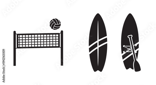 Volleyball and surfboard icons set for beach and water sports activities illustration