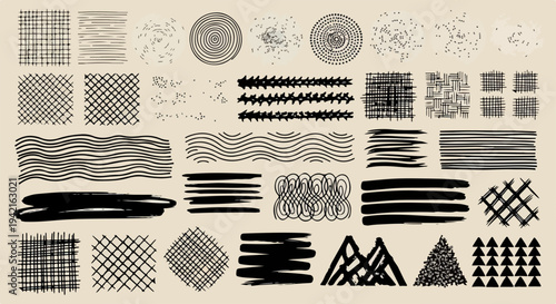 Coleção de texturas e padrões abstratos desenhados à mão, incluindo hachuras, linhas, pinceladas e rabiscos, ideais para design gráfico.