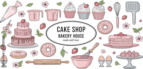 Bakery and Cake Shop Icon Set Featuring Cakes, Cupcakes, Baking Tools, Frosting, and Sweet Treats in Soft Pastel Colors