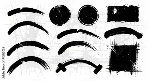 Coleção de traços de pincel grunge pretos e formas texturizadas para design gráfico e efeitos artísticos.